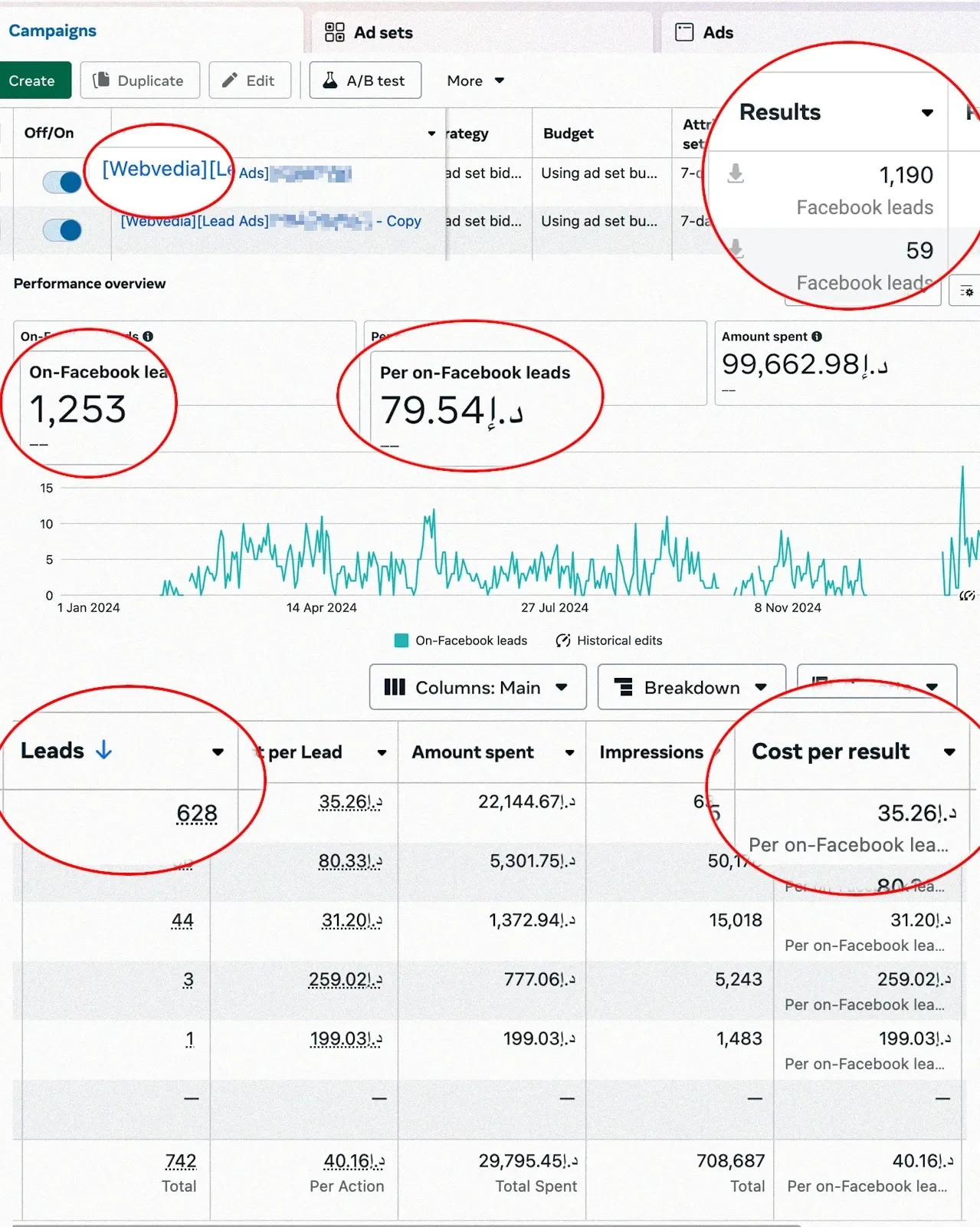 Facebook Ads Manager Dashboard showing real campaign results with 1,253 leads generated at 79.54 AED cost per lead